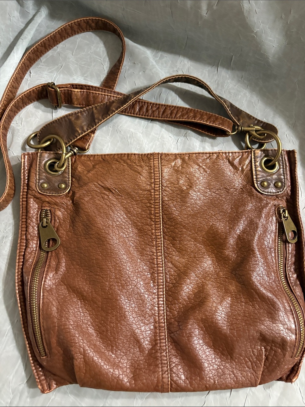 Everyday Brown Leather Crossbody Tote with Dual Zip Pockets